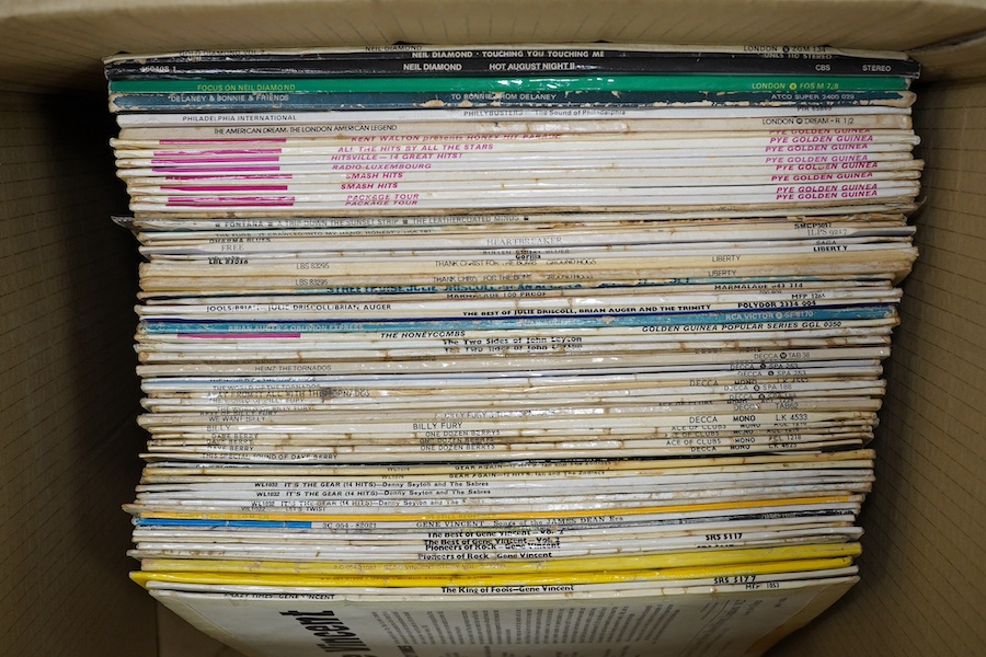 Two boxes of LP record albums, including some compilations and soundtracks, artists including; Billy J. Kramer, the Bee Gees, the Searchers, Jerry and the Pacemakers, Bill Haly and His Comets, Johnny Otis, Neil Diamond,